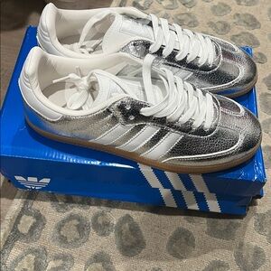 Adidas Metallic Silver and White Sneakers